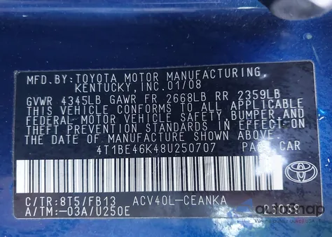 2008 Toyota Camry Le from USA, damaged, VIN 4T1BE46K48U250707